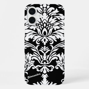 Coque iPhone 16 Plus Votre nom ou citation en damas noir