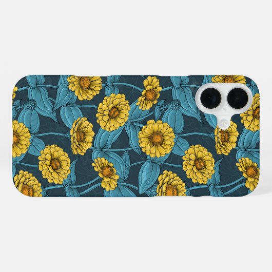 Coque iPhone 16 Plus Zinnias jaune sur bleu foncé (Verso Horizontal)