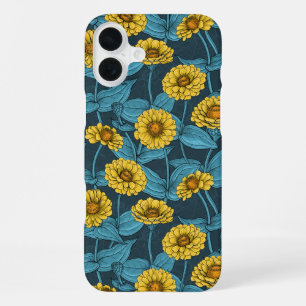 Coque iPhone 16 Plus Zinnias jaunes sur fond bleu foncé