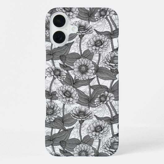 Coque iPhone 16 Plus Zinnias, monochrome sur blanc (Verso)