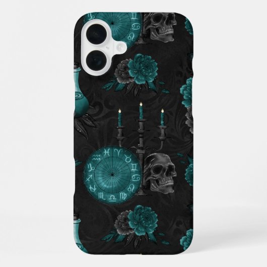 Coque iPhone 16 Plus Zodiac Magie | Turquoise foncé vert crâne gothique (Verso)