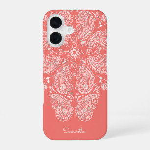 Coque iPhone 16 Poignée à la main Paisley Motif foncé Peach