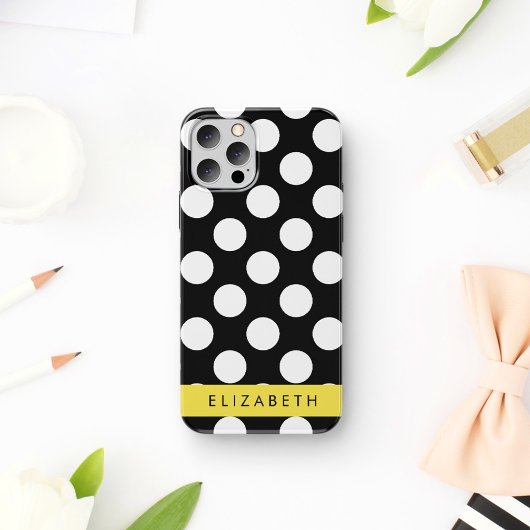 Coque iPhone 16 Points noirs et blancs, Pointillés, Votre nom