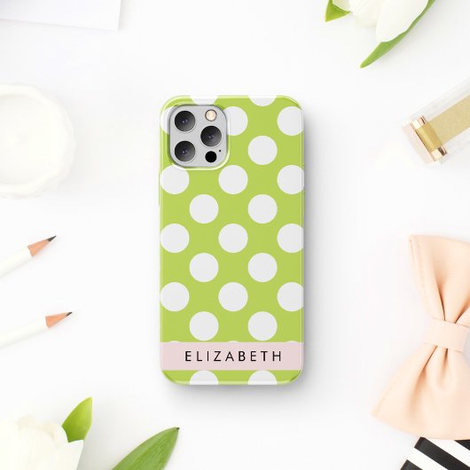 Coque iPhone 16 Points verts, Motif à pois, Votre nom