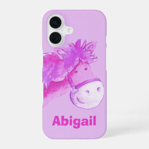 Coque iPhone 16 Poney violet personnalisé pour enfants avec nom