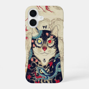 COQUE iPhone 16 PORTRAIT DE CHAT SAMOURAÏ AVEC TATOUAGES DE SERPEN
