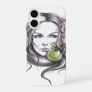 Coque iPhone 16 Portrait de femme avec pomme et fleur Art Surreal