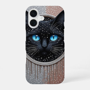 Coque iPhone 16 Portrait gothique moderne de chat noir aux yeux bl