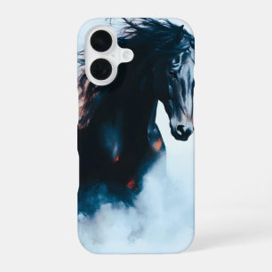 Coque iPhone 16 Portrait minimaliste de cheval noir de course