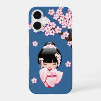 Poupée Kokeshi Kawaii Kimono Rose sur Fond Bleu