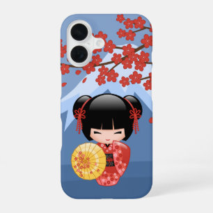 Coque iPhone 16 Poupée Kokeshi Sakura Rouge - Jolie Fille Geisha