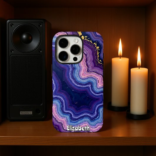 Coque iPhone 16 Pro Agate Violet Ondulée avec Paillettes d'Or