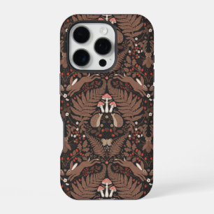 Coque iPhone 16 Pro Animaux et plantes de la forêt en rouge et marron