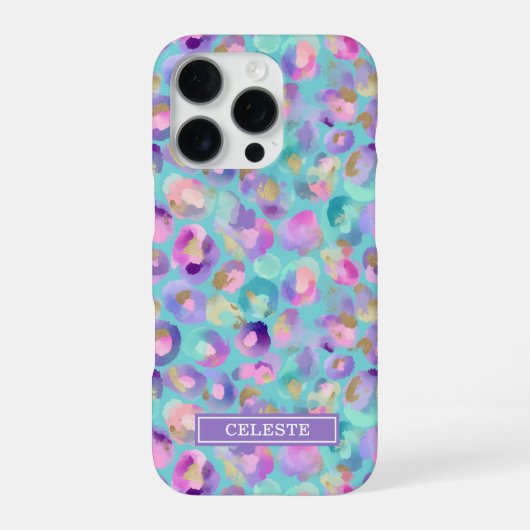 Coque iPhone 16 Pro Aqua Iridescent Imprimé Léopard Monogrammé (Verso)