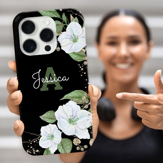 Coque iPhone 16 Pro Aquarelle d'or noir Monogramme floral Script chic