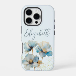 Coque iPhone 16 Pro Aquarelle Élégantes Pavots Bleus Poussière d'Or