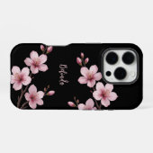 Coque iPhone 16 Pro Aquarelle rose cerisier noir Monogramme en fleurs (Verso Horizontal)