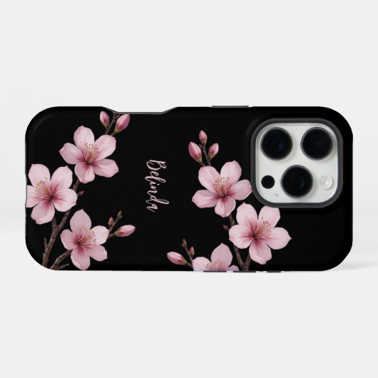 Coque iPhone 16 Pro Aquarelle rose cerisier noir Monogramme en fleurs (Verso Horizontal)