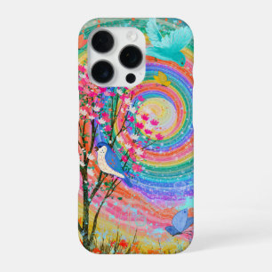 Coque iPhone 16 Pro Arc-en-ciel Coloré Fleurs Sauvages Oiseaux Papillo