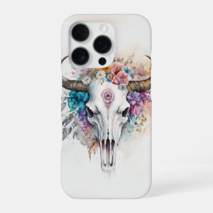 Coque iPhone 16 Pro Art aquarellé de crâne de taureau floral