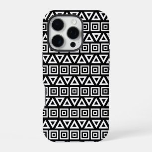Coque iPhone 16 Pro Aztec Triangles+Motif Carré blanc sur noir