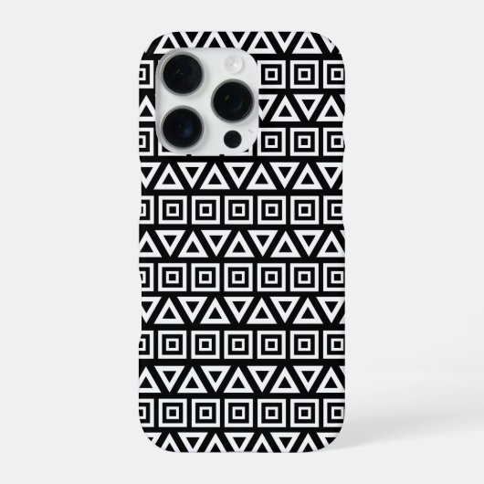 Coque iPhone 16 Pro Aztec Triangles+Motif Carré blanc sur noir (Verso)