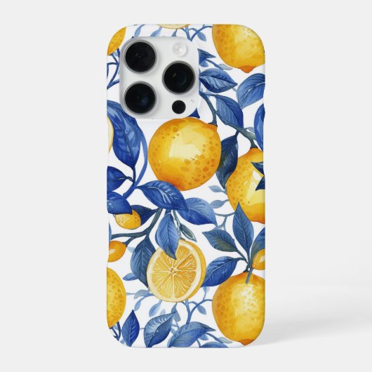 Coque iPhone 16 Pro Azulejo Lemons Feuilles bleus (Verso)