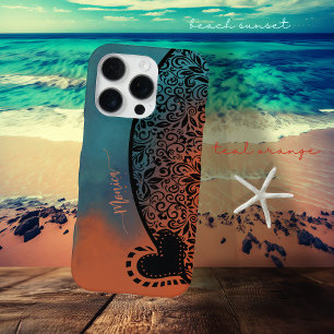 Coque iPhone 16 Pro Bleu sarcelle et motif floral moderne orange