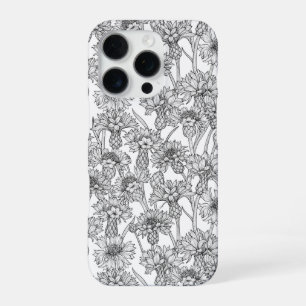 Coque iPhone 16 Pro Bleuets, fleurs sauvages en noir et blanc