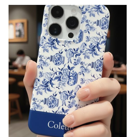 Coque iPhone 16 Pro Blue Chinoiserie Monogram Name
