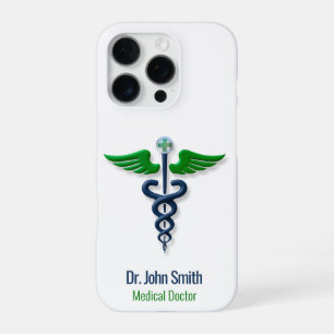Coque iPhone 16 Pro Blue Médicale Caduceus Stylish Green Wings Cross