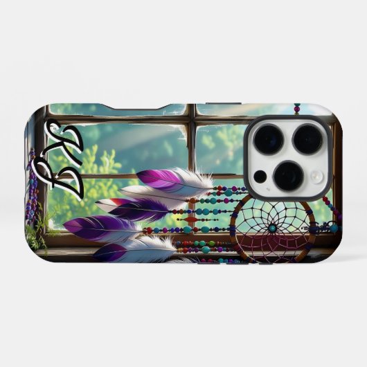 Coque iPhone 16 Pro Boho Purple Dreamcatcher in Window Monogrammed (Verso Horizontal)