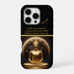 Coque iPhone 16 Pro Bouddha doré éclairé par la lune. Art IA