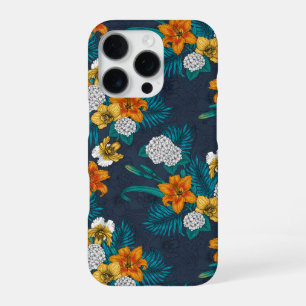 Coque iPhone 16 Pro Bouquet tropical sur bleu
