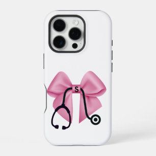 Coque iPhone 16 Pro Bow rose et stéthoscope Personnalisé Médicale