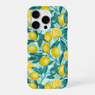 Coque iPhone 16 Pro Branches de citron en bleu et jaune