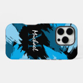 Coque iPhone 16 Pro Brosse nuances de nom bleu avec monogramme (Verso Horizontal)