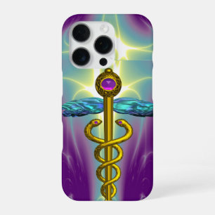 Coque iPhone 16 Pro CADUCÉE MÉDICAL EN OR SYMBOLE ,Vert sarcelle Viole