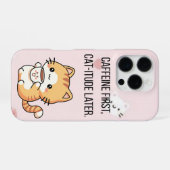 Coque iPhone 16 Pro Caffeine First, Cat-itude Later | Funny Cat Phone (Verso Horizontal)
