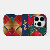 Coque iPhone 16 Pro Carrés rouges or et bleus (Verso Horizontal)