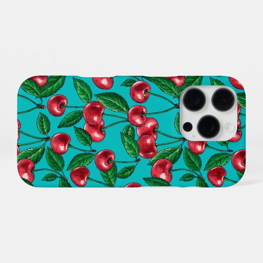Coque iPhone 16 Pro Cerises rouges sur turquoise (Verso Horizontal)