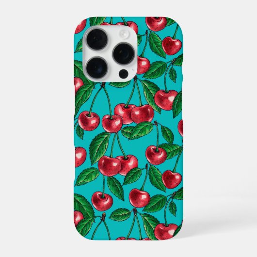 Coque iPhone 16 Pro Cerises rouges sur turquoise (Verso)