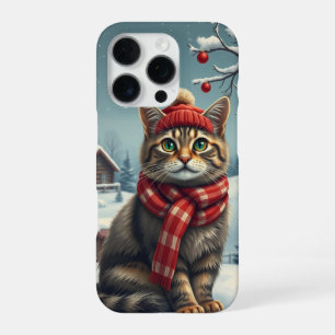 Coque iPhone 16 Pro Chat tigré en tenue et chapeau de prépa d'hiver