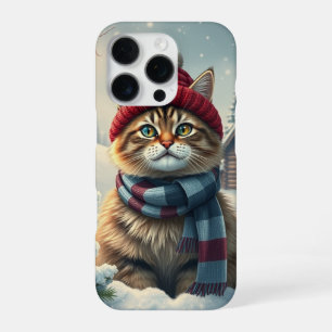 Coque iPhone 16 Pro Chat tigré en tenue preppy d'hiver et chapeau