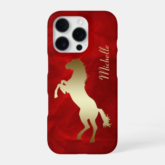 Coque iPhone 16 Pro Cheval cabré silhouette or rouge  (Verso)