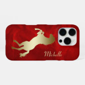 Coque iPhone 16 Pro Cheval doré se cabrant Silhouette Rouge (Verso Horizontal)