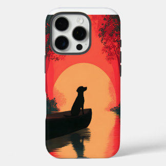 Coque iPhone 16 Pro Chien noir minimaliste du coucher du soleil