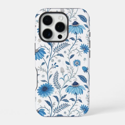 Coque iPhone 16 Pro Chinoiserie Blue Echinacea Pattern (Verso)