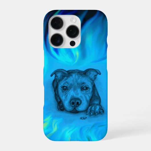 Coque iPhone 16 Pro Chiots Staffy Bleu (Verso)