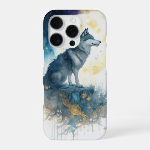 Coque iPhone 16 Pro Ciel Loup Nuit Ciel Étoilé Or Filigrane iPhone 16